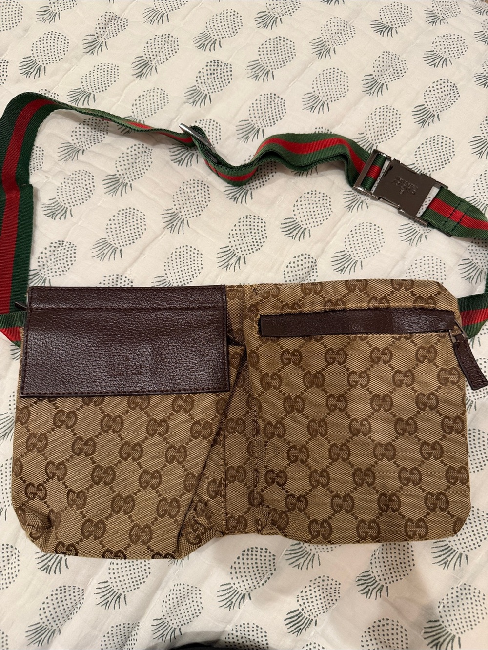 Gucci Brown Monogram Canvas Belt Bag with Green-Red Web Strap